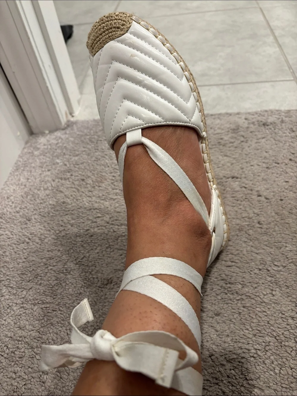 White Quilted Espadrille Lace-Up Flats